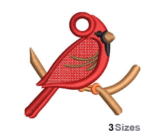May include: A detailed embroidery design of a red cardinal bird perched on a brown branch. The bird has black accents and a textured appearance. The text "3 Sizes" is displayed below the image.