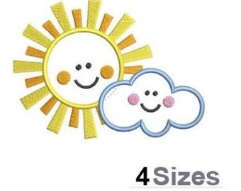 Sonnige Wolke - Maschinenstickerei, 4 Größen, Lächelnde Sonne und Wolke Umriss Stickmuster, Kawaii Sonne und Wolke Stickdatei