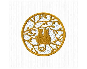 Diseño de bordado a máquina de pareja de gatos en un árbol: patrón de bordado para amantes de los gatos, diseño de bordado de siluetas de gatos, descarga digital