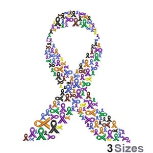 May include: A colorful ribbon made up of smaller ribbons in various colors, including purple, green, orange, and brown. The ribbon is in the shape of a traditional awareness ribbon. The text "3 Sizes" is at the bottom of the image.