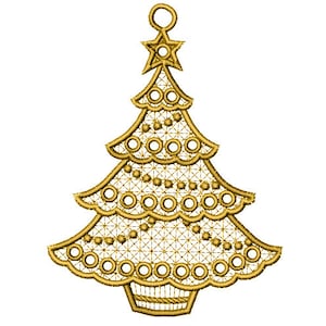 FSL Decorated Christmas Tree Ornament - Machine Embroidery Design, Freestanding Lace Xmas Tree Earring Embroidery Pattern