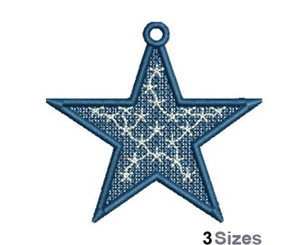 Diseño de bordado a máquina de estrella patriótica FSL - 3 tamaños, patrón de bordado de pendientes de encaje independientes, diseño de bordado de adorno de estrellas FSL