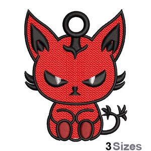 May include: Red cartoon cat with black eyes and a devil horn. The cat is sitting with its legs crossed and has a grumpy expression.