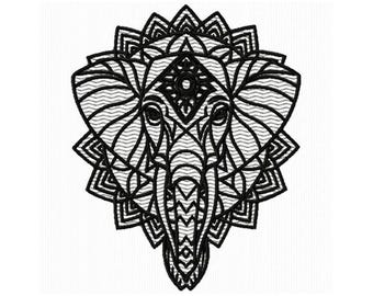 Mandala Elephant Head Machine Embroidery Design, Tribal Elephant Embroidery Pattern, Zentangle Elephant Embroidery, Digital Download
