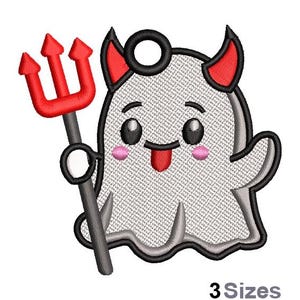 May include: A cute cartoon ghost with red devil horns and a red trident. The ghost has a big smile and a pink blush on its cheeks. The ghost is holding the trident in its right hand.