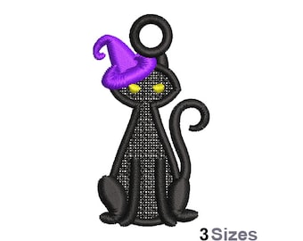 FSL Black Cat Machine Embroidery Design - 3 Sizes, Freestanding Lace Earring Embroidery Pattern, FSL Halloween Witch Cat Ornament Embroidery