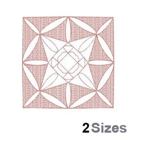 Puede incluir: Un diseño geométrico con un contorno rosa, que presenta un cuadrado con círculos y triángulos superpuestos. El diseño está contorneado en rosa y tiene un fondo texturizado. El texto "2 Sizes" está debajo del diseño.