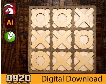 Tic-Tac-Toe Cut File - format for Laser engraver, CNC, Glowforge, Muse 3D, dxf, svg, ai, cdr, Lightburn file formats.