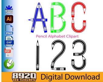 Pencil Alphabet Font Clipart SVG - personal and commercial use vector, School Font digital clip art set.