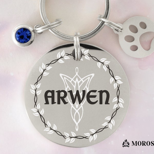 Custom Engraved ID Tag for Dog with name in Arwen Design. Luxury Pet Jewelry made in Italy. Lord of the Rings dog tag inspired. LOTR dog