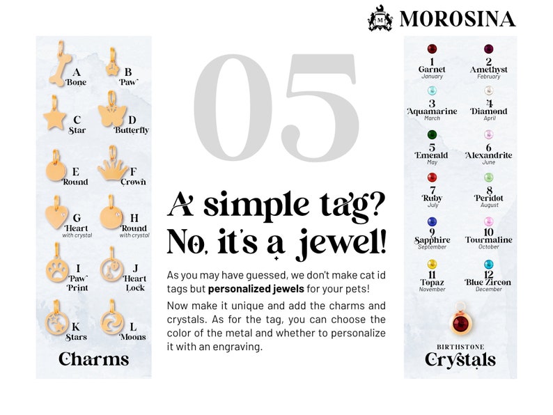 A simple tag? No, it's a jewel for your cat! Add our charms and crystals ad make a personalized cat tag.
