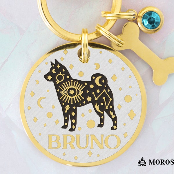 Médaille pour chien avec nom personnalisé et silhouette shiba inu dans un design mystique wicca. Médaille pour chien - Médaille de collier pour chien - Bijou pour chien - Médaille pour chien personnalisée