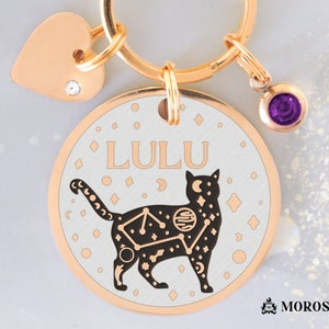 Custom Engraved Tag for Cat with Name and Cat Silhouette in a Mystical Wicca Design