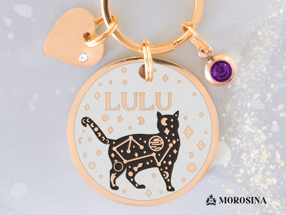 Engraved Tag for Cat Collar Customized with Name and Cat Silhouette in a Mystical Wicca Design. Luxury Cat Jewelry Handmade in Italy
