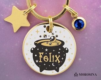 Personalized Dog ID Tag with Cauldron and Magic Potion Design | Custom Engraved Name | Witchy Dog Tag | Unique Pet Jewelry