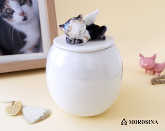 Handcrafted Ceramic Cat Urn with Cat Figurine & Memorial Tag. Personalized Ceramic Pet Keepsake. Custom Cremation Cat Urn - Pet Loss Gift