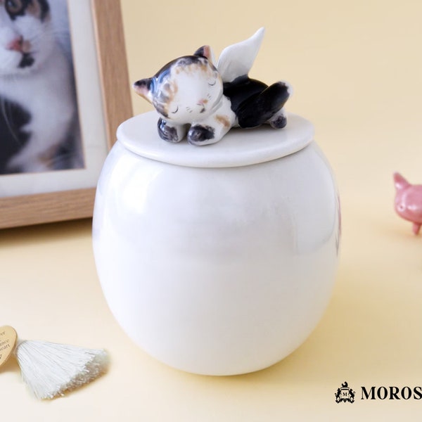 Handcrafted Ceramic Cat Urn with Cat Figurine & Memorial Tag. Personalized Ceramic Pet Keepsake. Custom Cremation Cat Urn - Pet Loss Gift