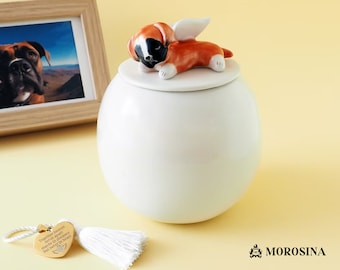 Personalized Dog Urn with dog figurine and memorial tag. Handmade ceramic urn for dog.  Loss of Pet Gifts. Dog Memorial Keepsake