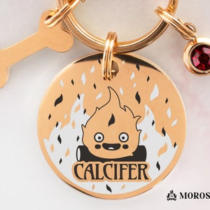 Custom Dog Tag with Name in Calcifer Design. Engraved Calcifer Dog Tag. Calcifer Cat Tag - Calcifer Dog Collar ID Tag. Calcifer Cat ID Tag