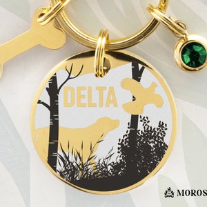 Custom Dog ID Tag Engraved with Name and Labrador Retrivier Hunting a Grouse in the Woods. Grouse Hunting Collar Dog Tag - Engraved Dog Tag