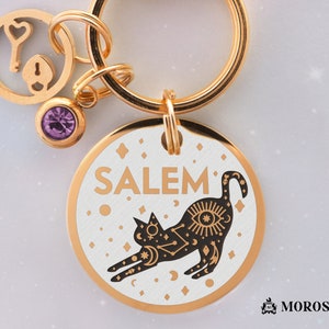 Custom Engraved Tag for Cat with Name and Cat Silhouette in a Mystical Wicca Design