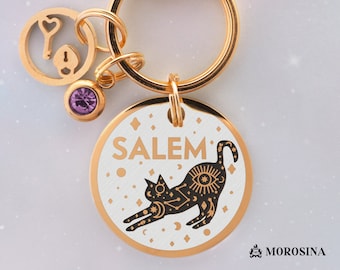 Custom Engraved ID Tag for Cat with Name and Cat Silhouette in a Mystical Wicca Design. Precious Cat Jewelry Handmade in Italy.