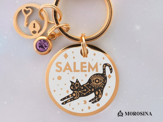 Custom Engraved ID Tag for Cat with Name and Cat Silhouette in a Mystical Wicca Design. Precious Cat Jewelry Handmade in Italy.
