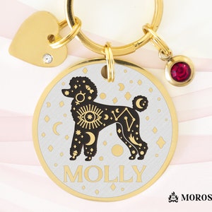 Dog Name Tag with Custom Engraved Poodle with Name and a Mystical Wicca Design. Precious Dog Jewelry Handmade in Italy.