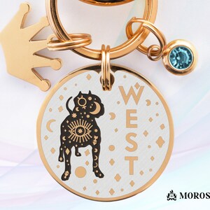 Custom Dog Name Tag Engraved with Name and a Pitbull-Amstaff Silhouette in a Mystical Wicca Design. Dog Name Tag - Pet ID Tag - Collar tag