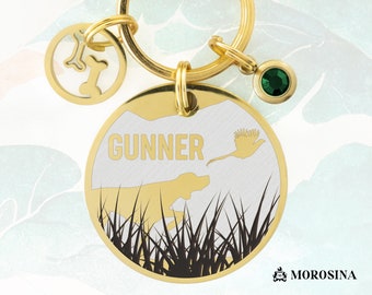 Custom Dog ID Tag Engraved with Name and GSP - German Shorthaired Pointer Hunting a Pheasant in the Grass. Collar Dog Tag - Engraved Dog Tag
