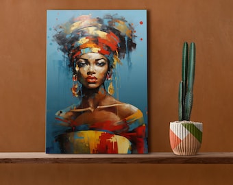 African woman canvas painting, ethnic painting, black woman painting, African woman wall art, canvas painting design, framed ready to hang