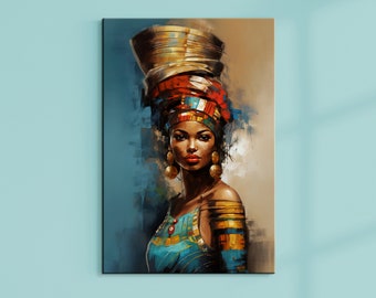African woman canvas painting, ethnic painting, black woman painting, African woman wall art, canvas painting design, framed ready to hang