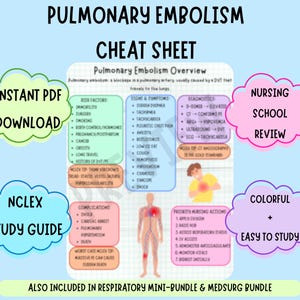 May include: A colorful cheat sheet for pulmonary embolism, featuring risk factors, symptoms, diagnostics, and nursing actions. Includes the text "Instant PDF Download," "NCLEX Study Guide," and "Nursing School Review."