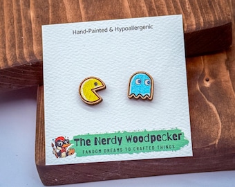 PAC MAN Stud Earrings — Hand-Painted | Nerdy Earrings | Quirky Earrings | Weird Earrings | Anime Earrings | Fandom | Cosplay | Stocking Stuf