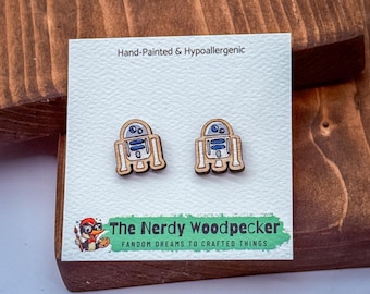 R2D2 Stud Earrings — Hand-Painted | Nerdy Earrings | Quirky Earrings | Weird Earrings | Anime Earrings | Fandom | Cosplay | Stocking Stuffer
