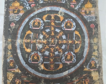 Antieke Tibetaanse boeddhistische mandala thangka-schilderij | Handgeschilderde meditatiekunst | Himalaya boeddhistisch muurdecor