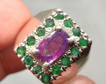 Certified Natural Pink Sapphire Kashmir  2.43 Carat Silver Ring with swat emerald