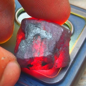 Peut inclure: Une pierre précieuse brute, rouge foncé, avec une lumière interne brillante. La pierre a une surface texturée avec des zones grises et noires. Le bijou est tenu entre deux doigts, mettant en valeur sa forme et sa couleur naturelles.