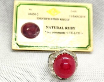 Certified 53.8 Carat Ruby Ring: Rhodium Plated Sterling Silver Men's Ring