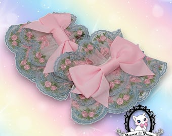 Sax and Pink Roses and Bows Lace Wrist Cuffs