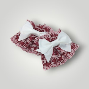 Burgundy and White Heart Lace Wrist Cuffs image 1