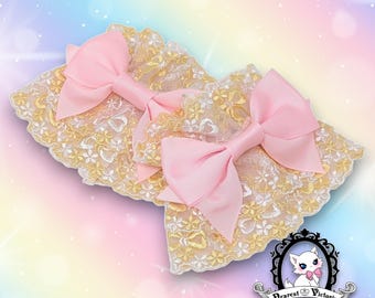Yellow and White Bows on Pink Lace Wrist Cuffs