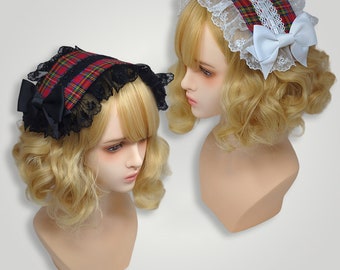 Old School Tartan Lolita Headdress - Black or White Trim