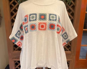 Rockin C Boho Crochet Patchwork Top Short Sleeve Flowy Blouse Size M