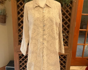 Soft Surroundings Cream Embroidered Linen Button Front Tunic Blouse Size M
