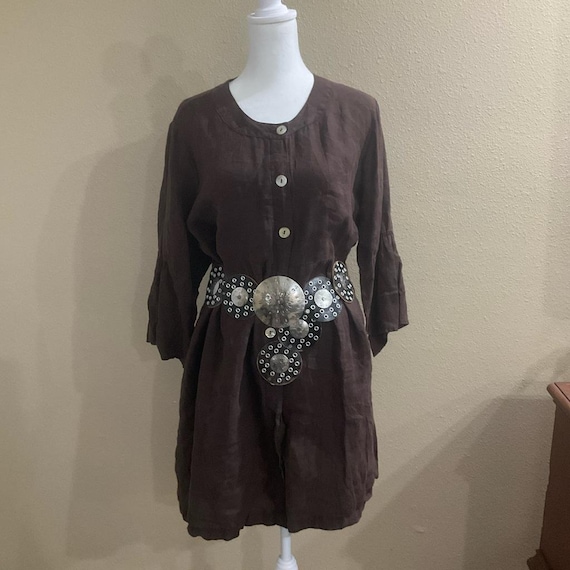Match Point Womens Medium Brown linen boho lagenlook Button Front Tunic Dress