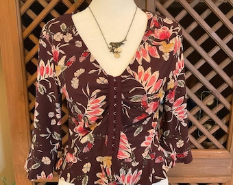 Vintage Y2K Iris Brown floral blouse with ruffle detail front Whimpsigoth fairy