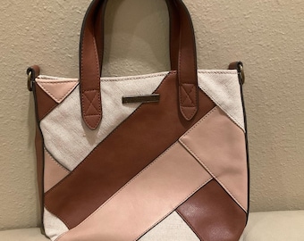 Bolso de mano Frye Melissa Patchwork Canvas Shopper Tote Marrón Beige