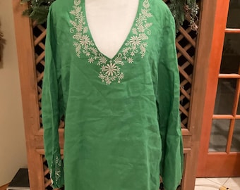 Tweeds Linen Costal Green Embroidered Tunic Top Size 1X Boho