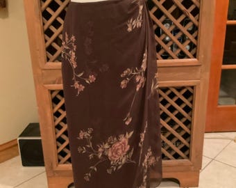Vintage Emanuel Ungaro Silk Brown Floral Wrap Midi Skirt Small